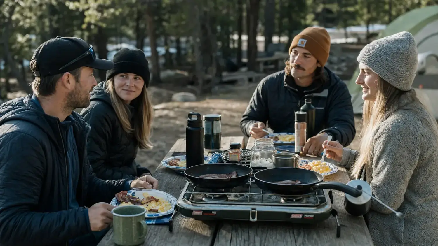 Group of four campers eating a hot camp breakfast around a picnic table, stove in the foreground