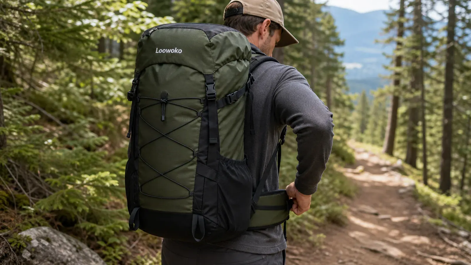 Person tightening the hip belt of a loaded 50L backpack before hitting the trail