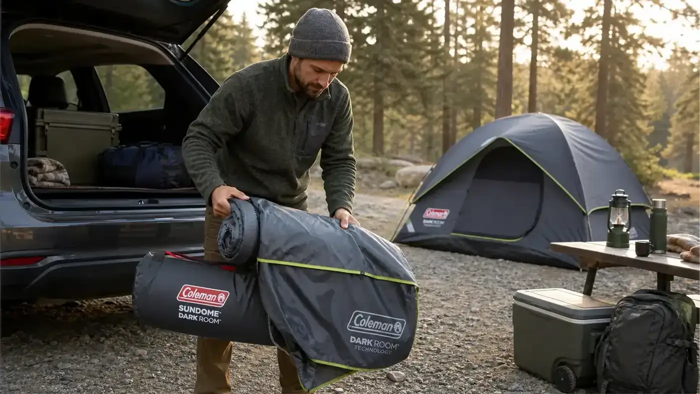 Camper unrolling a Coleman Sundome Dark Room tent from its carry bag at the trunk of an SUV