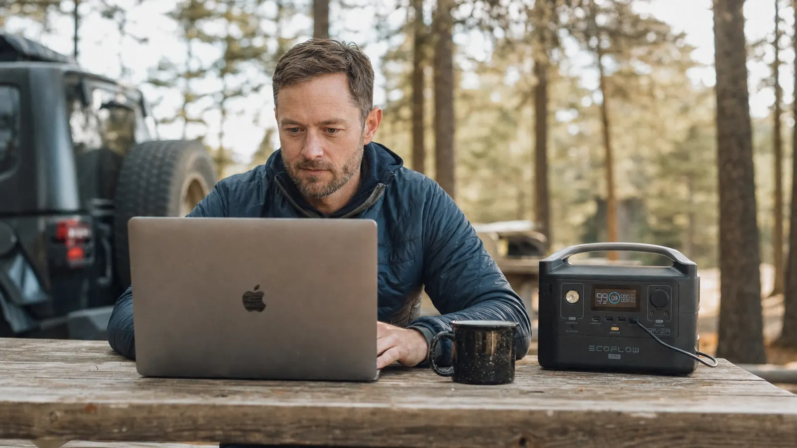 Camper at a picnic table in the morning sunlight using a laptop next to a portable power station