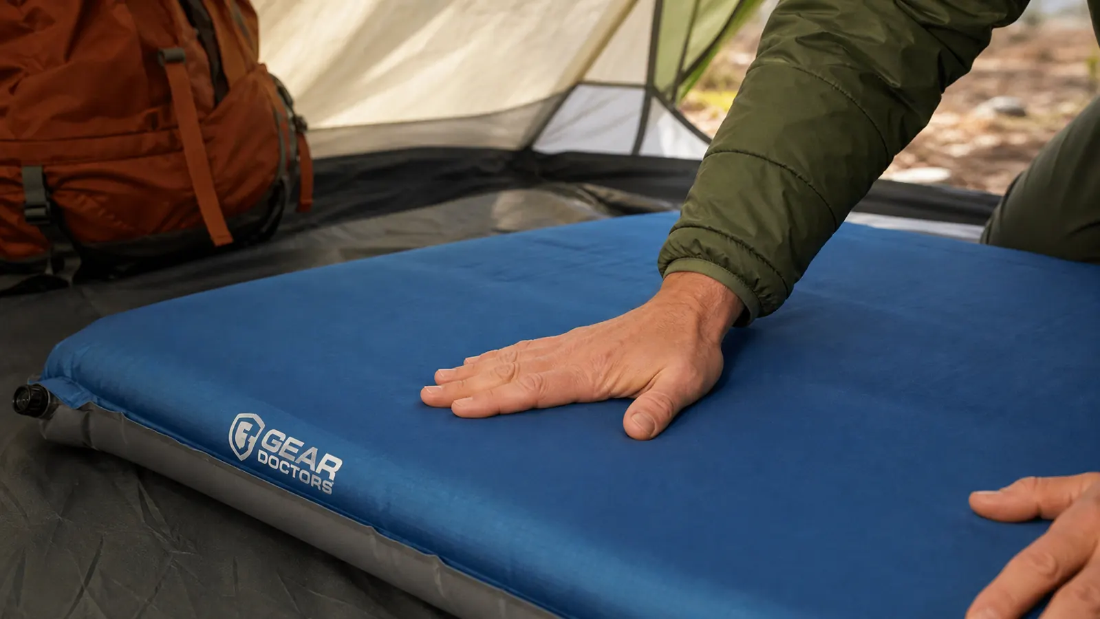 Close-up of a sleeping pad being placed flat on a tent floor, hand smoothing the foam surface