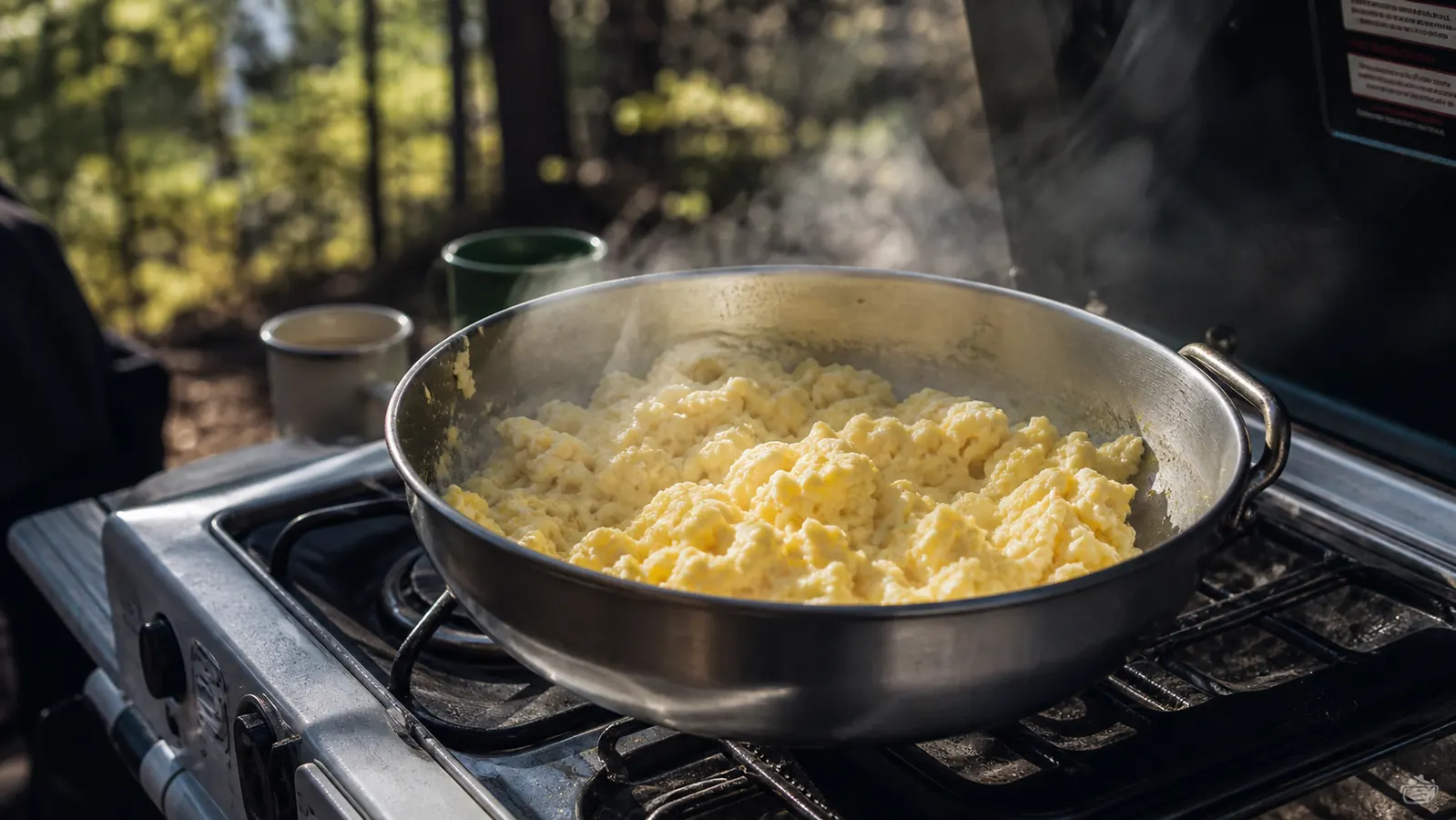 Scrambled eggs cooking in a skillet on a camp stove outdoors, morning campsite setting