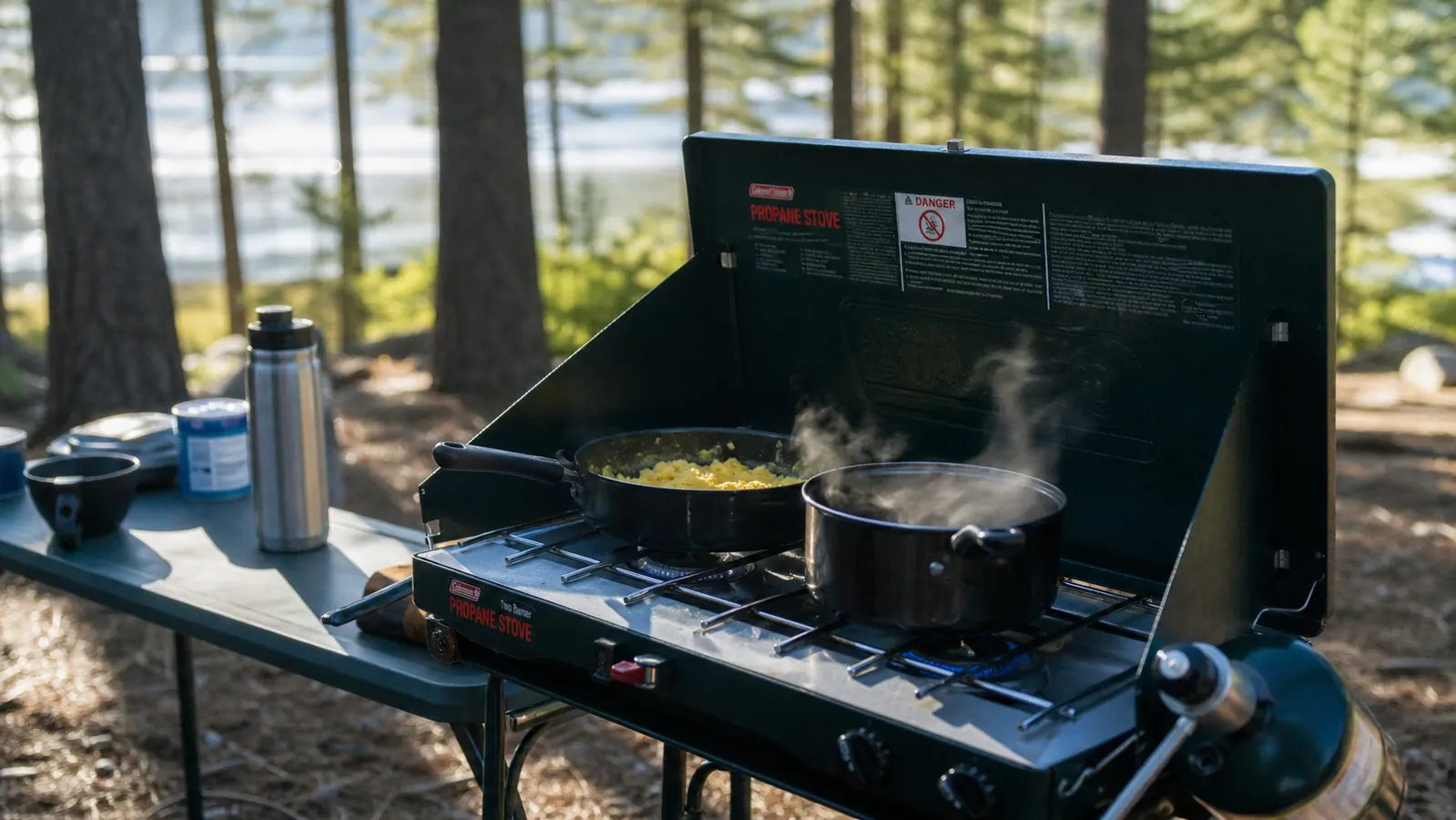 Full camp breakfast scene with scrambled eggs in a pan and coffee pot on a 2-burner camp stove at a campsite