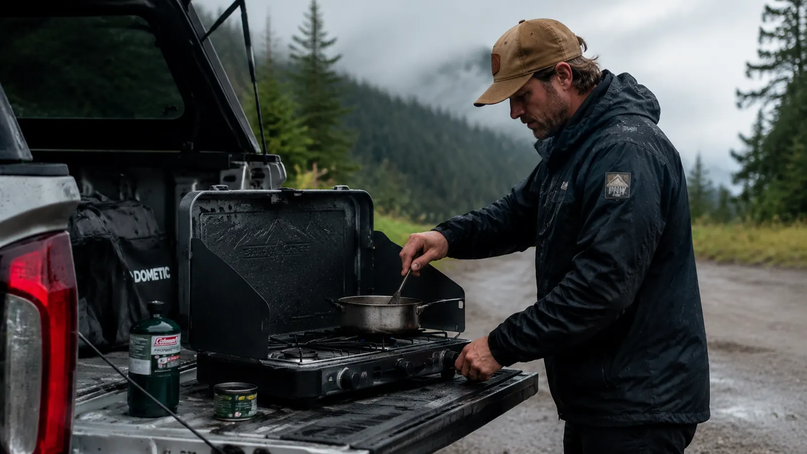 Camp stove set up on a tailgate in light rain with a wind panel deflecting the breeze
