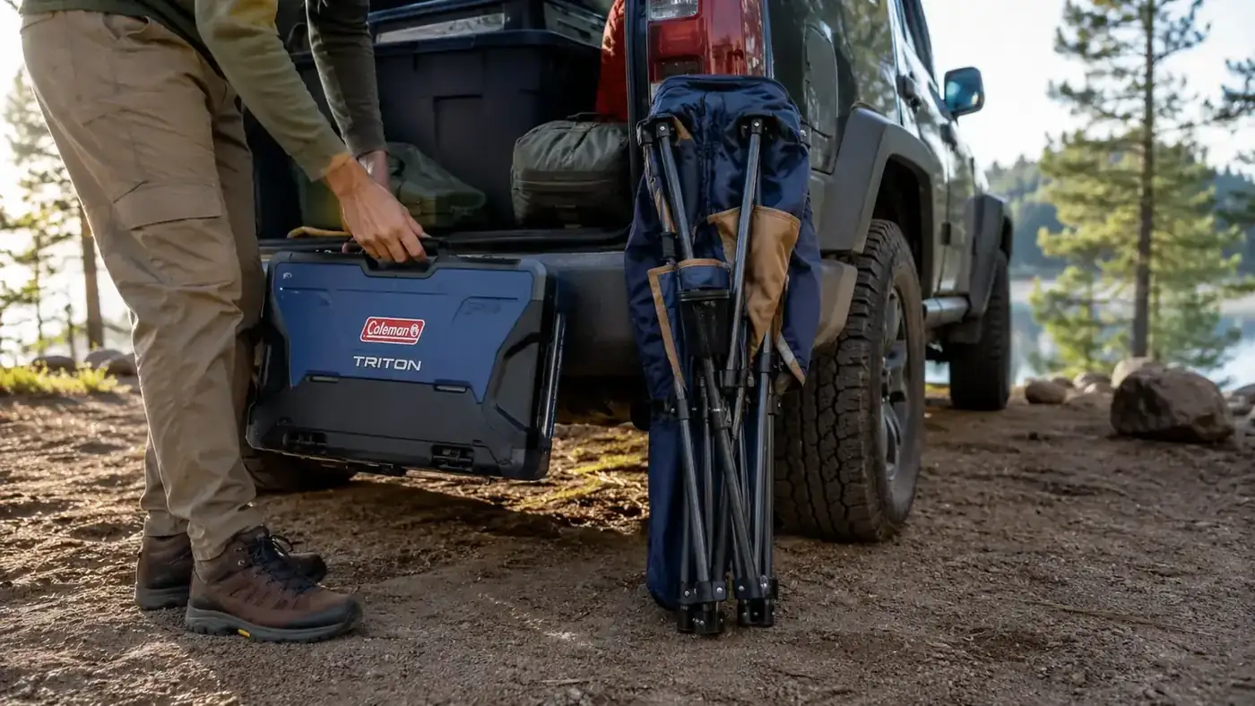 Coleman Triton stove folded flat in its carry bag next to a camp chair