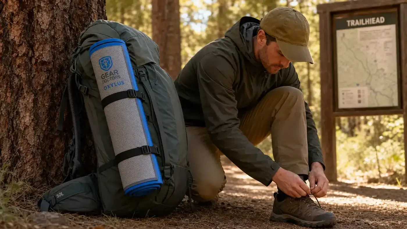 The Gear Doctors Oxylus sleeping pad rolled up and strapped next to a hiking backpack outdoors