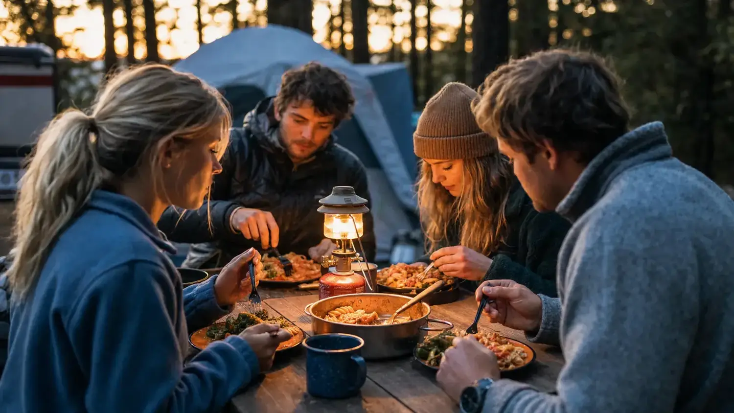 Group of campers eating together at a picnic table with plates of real cooked food, camp stove visible in background