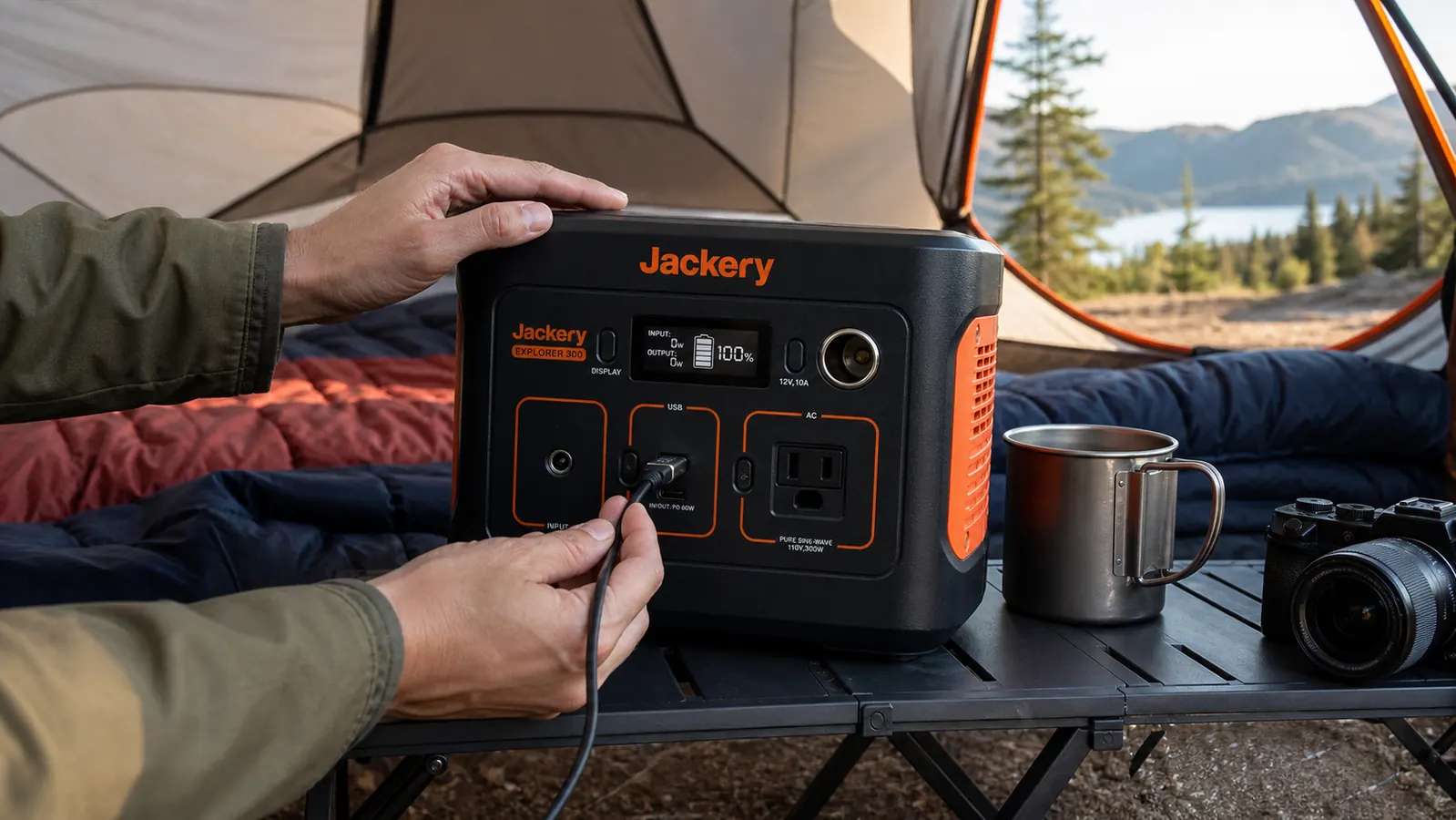 Hand plugging a USB-C cable into the Jackery Explorer 300 power station sitting beside a camp stove and mess kit