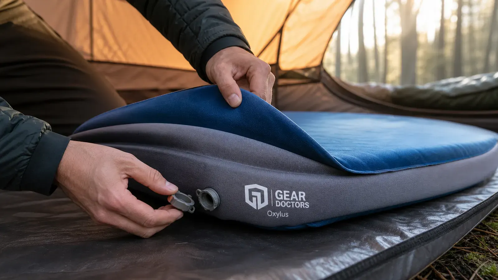 Self-inflating sleeping pad unrolling on tent floor with valve open, foam expanding
