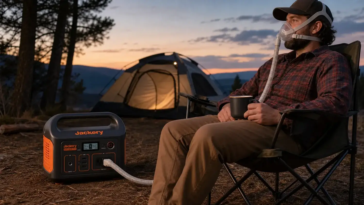 Jackery Explorer 300 on the ground beside a camp chair with a CPAP machine and phone charging cables attached