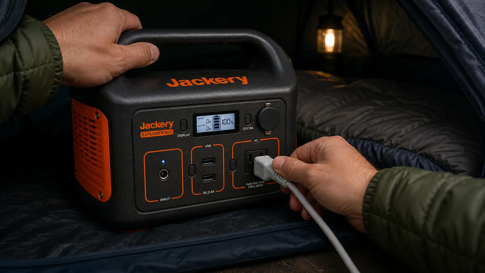 Hand plugging a CPAP machine power cord into the AC outlet on the front of the Jackery Explorer 300