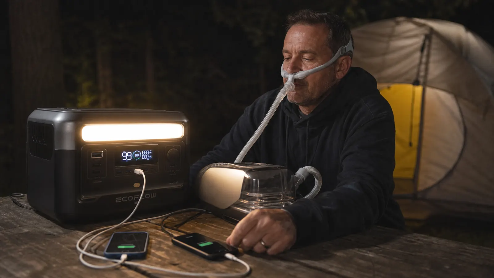 Jackery Explorer 300 powering a CPAP machine and two phone chargers simultaneously at a campsite after dark