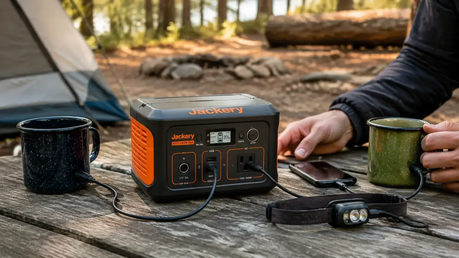 Jackery Explorer 300 power station sitting on a picnic table beside camp mugs and a headlamp
