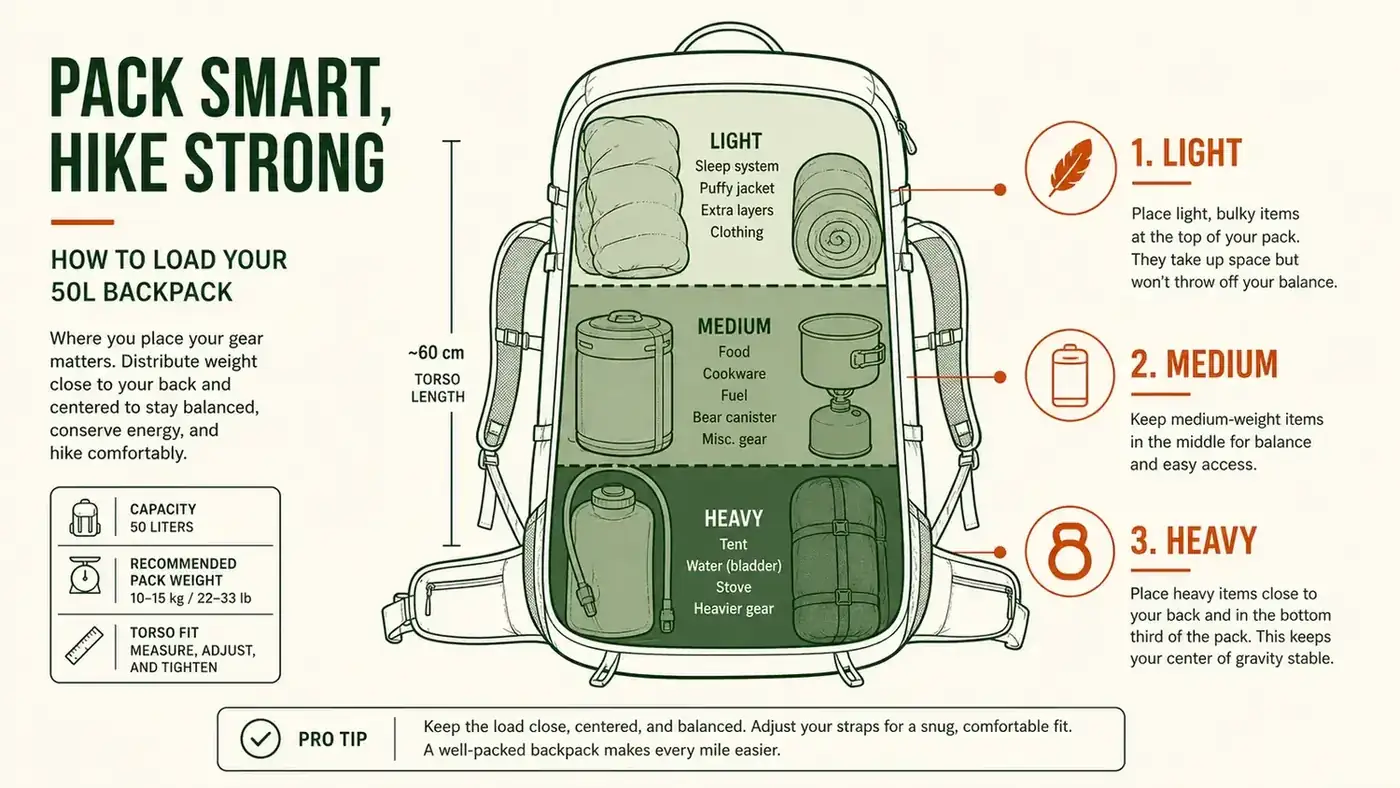 Illustrated cross-section diagram of a 50L hiking backpack with labeled weight zones showing heavy gear near the back, medium gear mid-pack, and light gear at the top