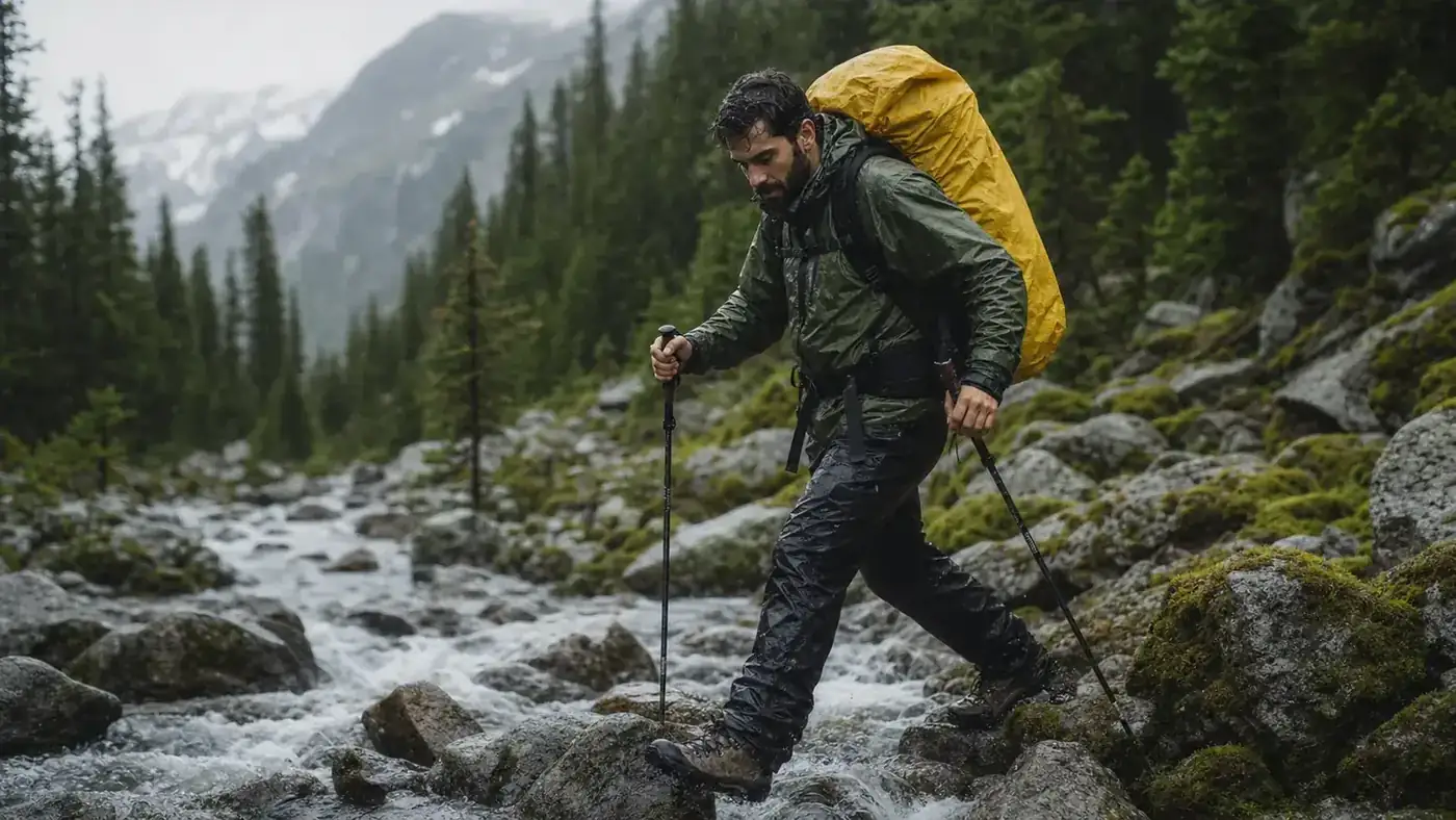 A hiker crossing a rocky stream with a green backpack, rain cover deployed and water visible below