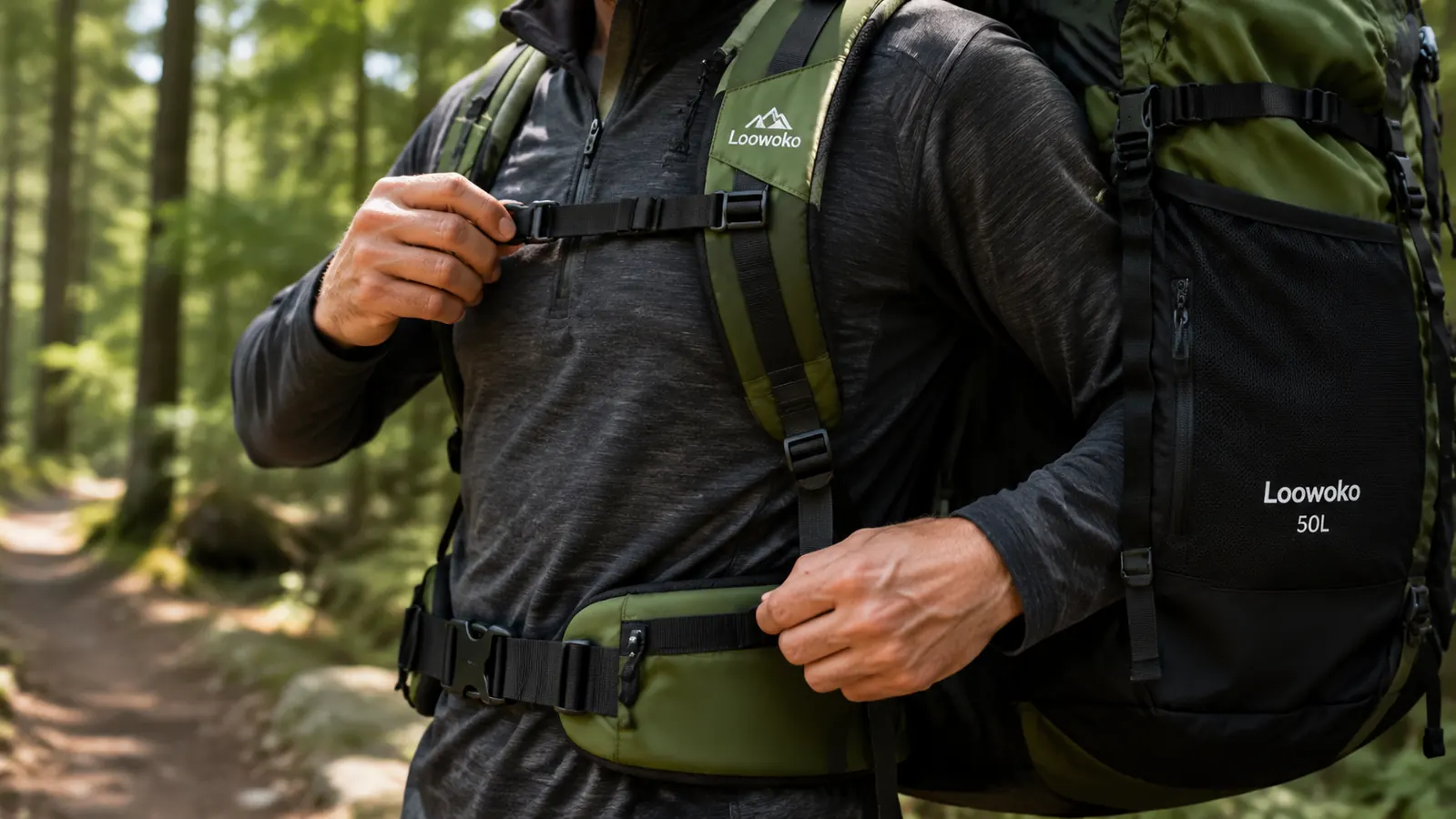 Close-up of a camper packing gear into a large backpack, showing hip belt and shoulder strap fit