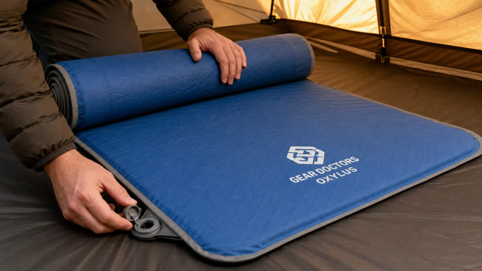 Camper unrolling a self-inflating sleeping pad onto the tent floor