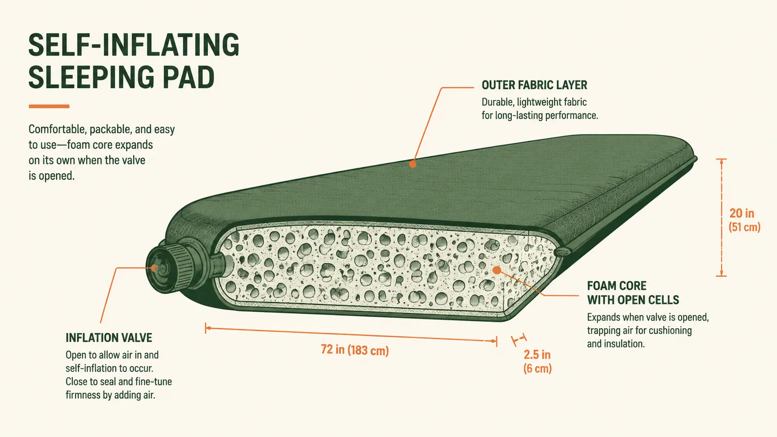 Close-up cross-section showing foam insulation layers inside a sleeping pad